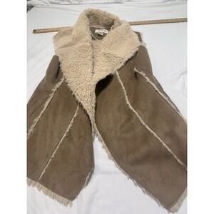 Day Trip Open Vest  Tan Suede Sherpa Lined Large Collar Pockets Women's M Warm